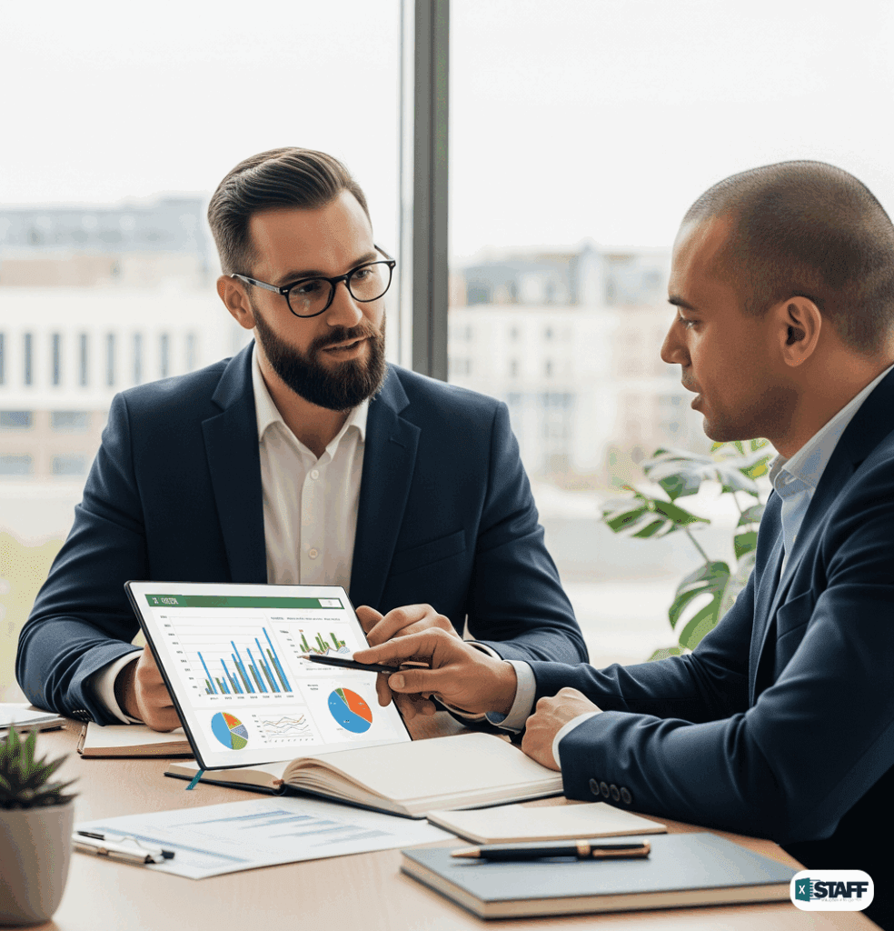 Um consultor de negócios e um empresário trocando informações