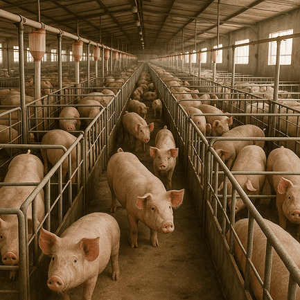 Representação de uma granja de suínos lotada de animais