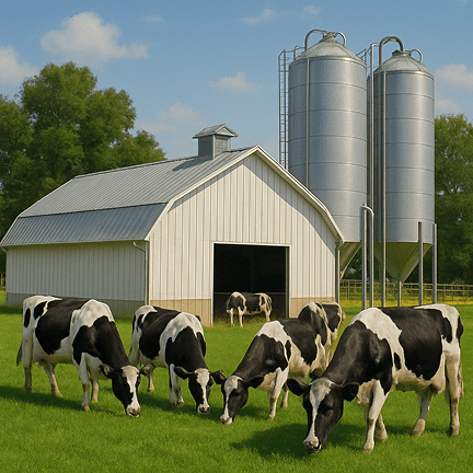 Várias vacas pastando em torno de um galpão para produção de leite