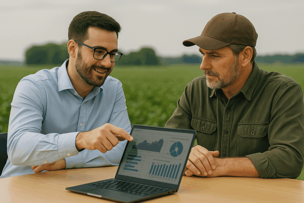 Dois homens sentados em torno de uma mesa analisando dados em um notebook e ao fundo um campo