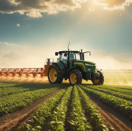 Um trator realizando uma aplicação de defensivos agrícolas em uma lavoura de soja